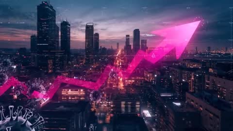 Futuristic Rising Data Line Over Dusk Urban Skyline