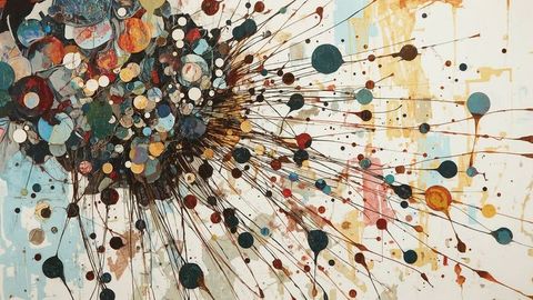 Dynamic abstract painting with splattered colors and lines