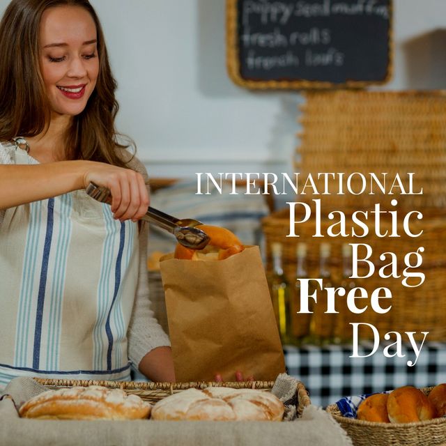 This stock photo features a smiling young female baker collecting freshly baked bread into a paper bag to celebrate International Plastic Bag Free Day, emphasizing sustainable and eco-friendly practices. Ideal for websites, blogs, and campaigns promoting green living, sustainable packaging solutions, and eco-friendly habits, this image can be used in marketing materials, advertisements, and social media content to encourage the use of reusable and biodegradable alternatives to plastic bags.