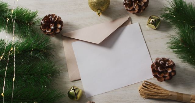 Image of christmas decorations with white card and beige envelope on wooden background. christmas, communication, tradition and celebration concept.