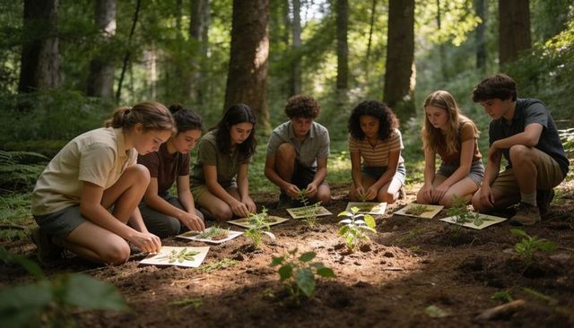 Teen students conducting hands-on plant identification and fieldwork in forest clearing