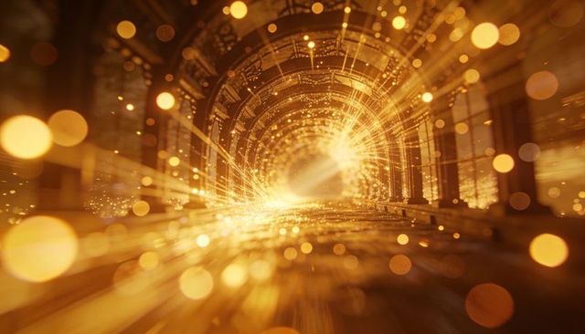 Golden arched tunnel radiating warm light and bokeh, vaulted corridor showing depth and motion