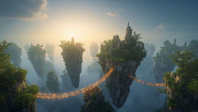 Floating mountain pillars linked by glowing suspension bridges over misty sunrise valley