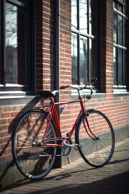 Red bicycle leaning against a brick building under natural sunlight. The shadows created by the bike and the bright sun give a dynamic feel to the scene. Ideal for themes related to urban lifestyle, transportation, and morning routines.