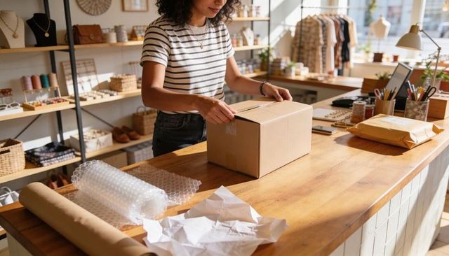 Curly-haired small business owner packing online orders at sunlit wooden boutique counter