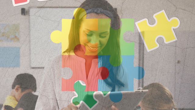 The video shows a smiling female teacher holding a tablet, with diverse students in the background, and colorful puzzle pieces and brain graphics overlay. The colorful puzzles represent autism awareness, symbolizing inclusivity in education. This video is perfect for educational materials, autism awareness campaigns, and diversity in the classroom representations.