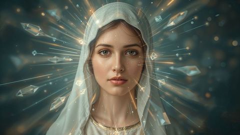 Ethereal the virgin mary woman with veil and crystal light rays