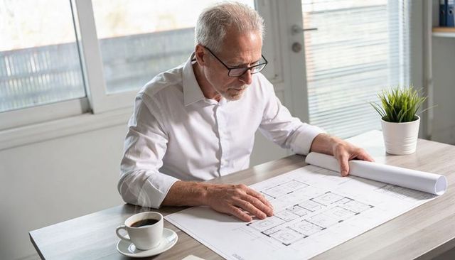 Senior professional reviewing residential blueprints in bright home office