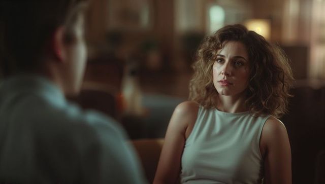 Woman Engaging in Deep Conversation in Lounge Area