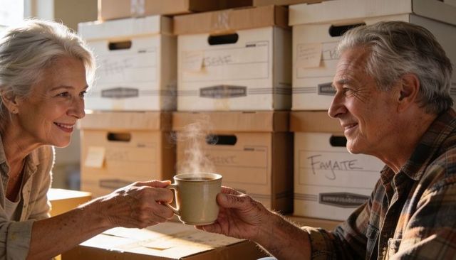 Senior couple sharing steaming mug during moving day with packed boxes and sunlight