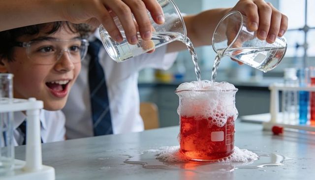 Excited student pouring liquids into foaming red beaker during school science lab