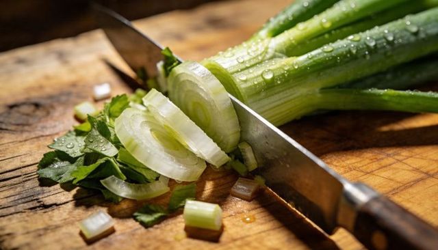 Macro slicing dewy scallions with chef knife on rustic wooden cutting board