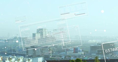 Augmented reality data overlaying port skyline, industrial waterfront, midrise towers