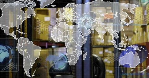 Digital World Map Overlay in Warehouse Setting for Logistics Visualization