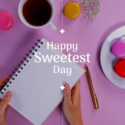 Image of happy sweetest day over coffee, cakes and hands of caucasian woman with notebook. Sweets, confectionery and desserts concept.