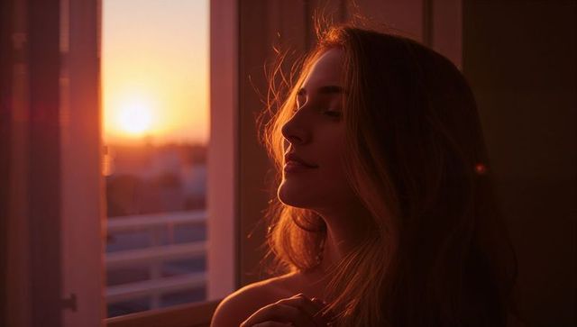 Woman gazing out window at sunset with warm golden hour backlight and soft curtains