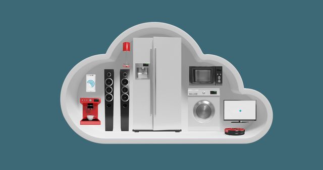 Home appliances in cloud shape for internet of things against blue background