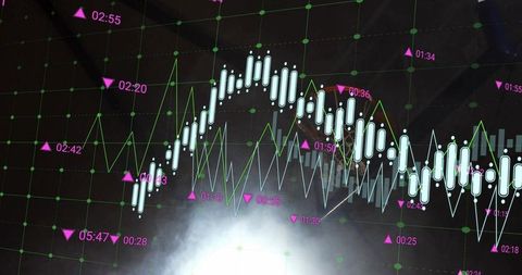 Neon candlestick market chart showing volatility, trading signals and data insights