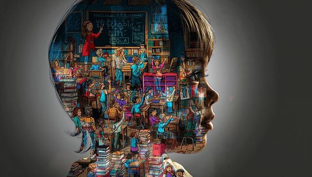 Child silhouette integrated with classroom illustration