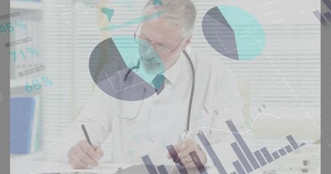 Senior doctor analyzing medical data with integrated charts