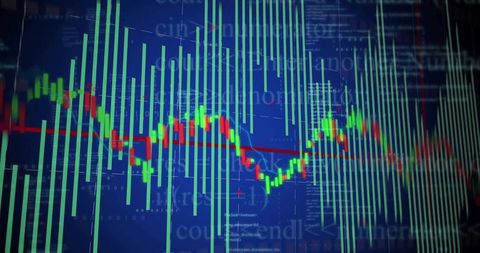 Abstract financial data on digital trading screen with red line overlay