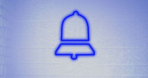 Blue Neon Bell Icon on Purple Background