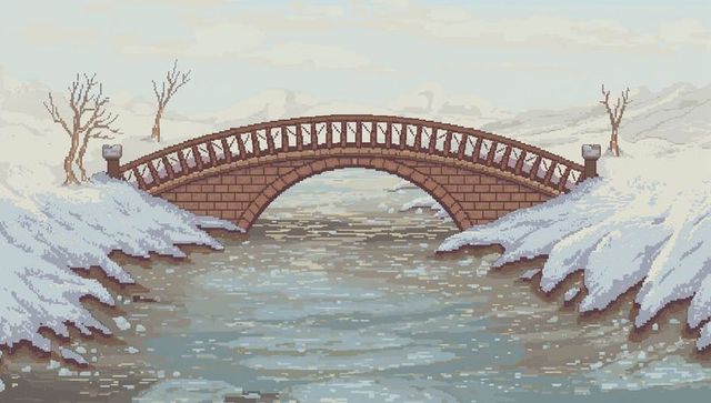 Pixel art stone arch bridge spanning icy river with snow-covered banks, retro winter scene