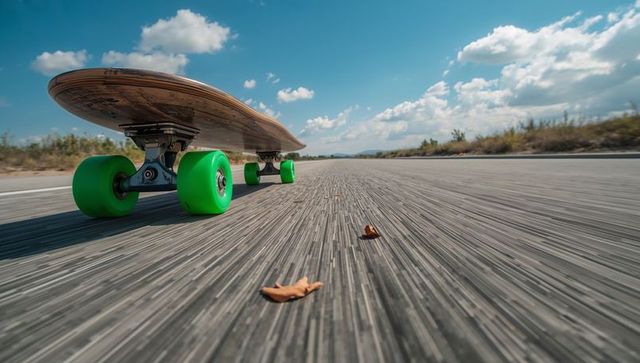 Longboard rolling along open road with bright green wheels and wooden deck under blue sky