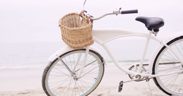 Vintage White Bicycle with Wicker Basket on Beach - Download Free Stock Images Pikwizard.com