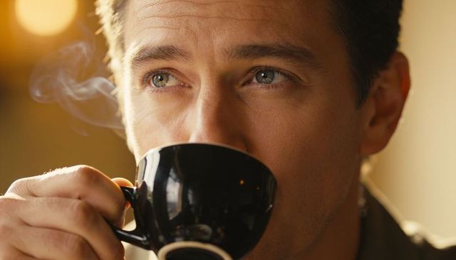 Man sipping steaming coffee from black cup, thoughtful gaze, warm cafe closeup