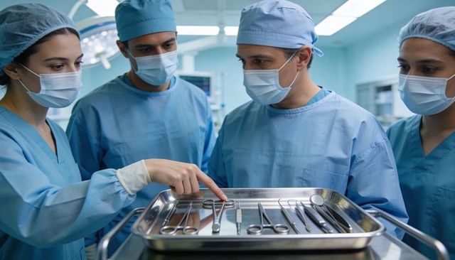 Surgical team reviewing instruments on sterile tray during preoperative briefing