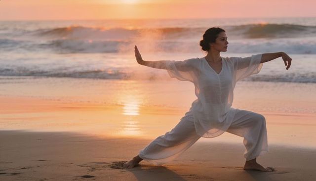 Woman practicing tai chi on sunset beach in flowing white outfit for meditation and balance