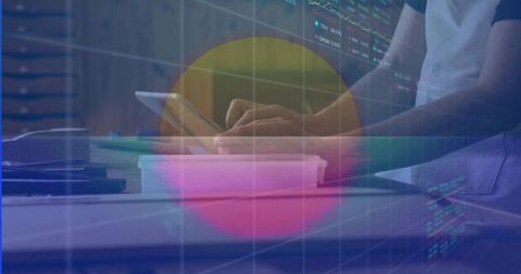 Scrolling hands tapping smartphone overlaid with financial charts and neon gradient