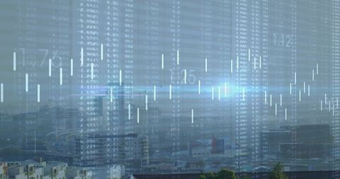 Dual Exposure Cityscape with Financial Data Overlay and Candlestick Charts