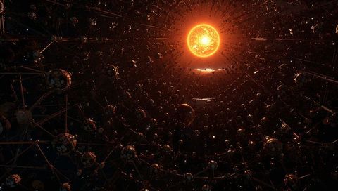 Inner Perspective of Dyson Sphere Lattice Encircling Radiant Star with Reflective Nodes