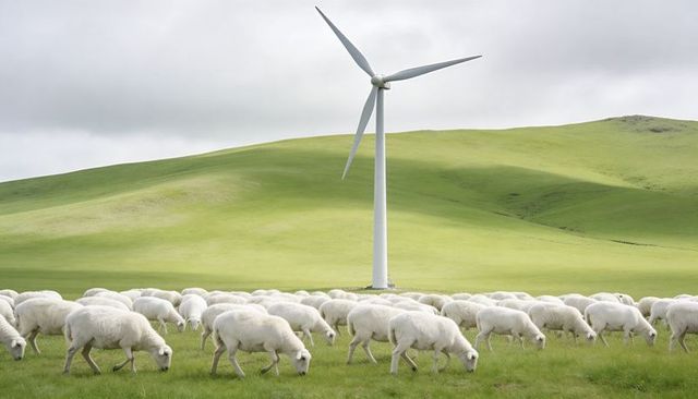 Grazing flock of sheep beneath wind turbine on rolling green hills