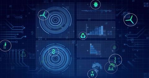 Futuristic energy dashboard displaying HUD analytics, environmental monitoring, grid visualization