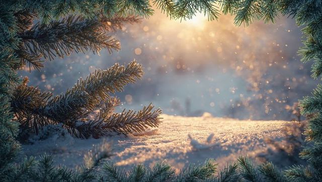 Frosted pine branch framing snowy forest clearing with golden sun flare and bokeh crystal ice needle