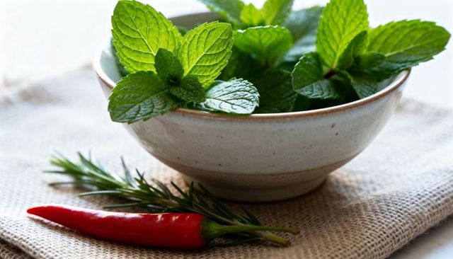 Displaying fresh mint leaves in speckled ceramic bowl with red chili and rosemary