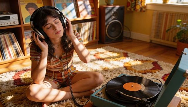 Relaxing with vinyl headphones on sunlit shag rug listening to turntable in retro living room