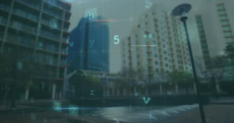 Abstract visualization showing an overlay of digital numbers and symbols on a blurred city scene, emphasizing the interconnection between modern urban life and data security concepts. Suitable for use in presentations or articles on cybersecurity, data-driven technologies, and futuristic urban developments.
