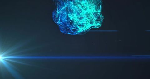 Cyan energy orb emitting blue light streak with lens flare on dark futuristic background