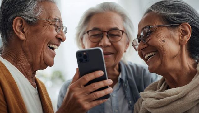 Laughing senior women sharing smartphone showing friendship and digital connection