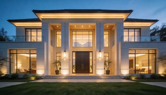 Showcasing modern two-story mansion facade at dusk with illuminated entrance chandelier