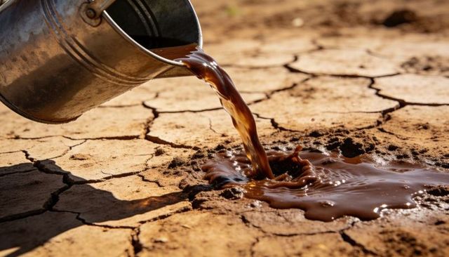 Pouring muddy water forming puddle on cracked parched soil during drought and heat
