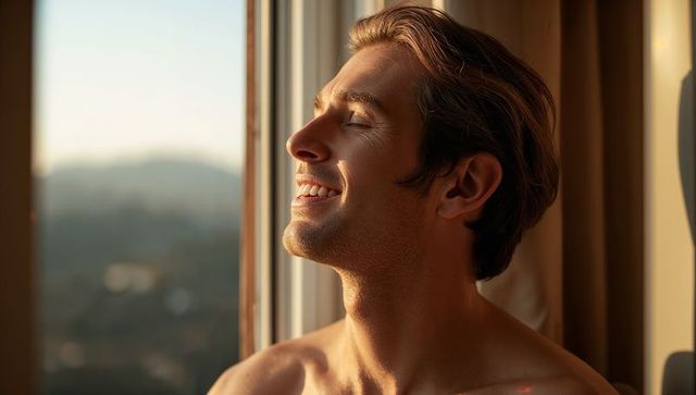 Sunlit morning confidence — shirtless young man smiling by window during golden hour