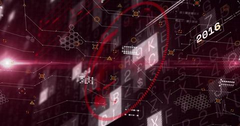 Cyber targeting interface displaying red tracking ring and data matrices on futuristic hud grid