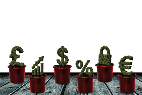 Transparent economy symbols as topiary plants for business and nature theme