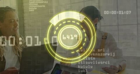 Colleagues interacting with holographic interface in modern workspace