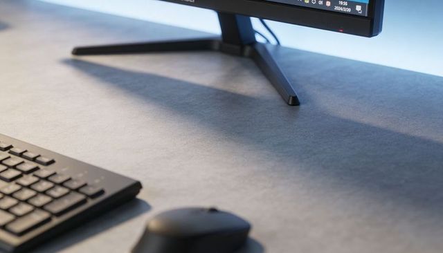 Y-shaped monitor stand casting shadow on textured gray desk with keyboard and mouse